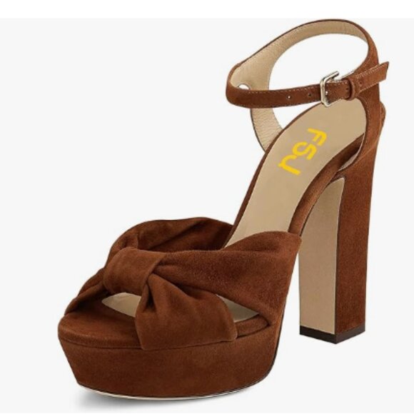 FSJ Brown Platform Chunky High Heel Sandals Peep Toe Ankle Strap Party Shoes - Picture 1 of 8
